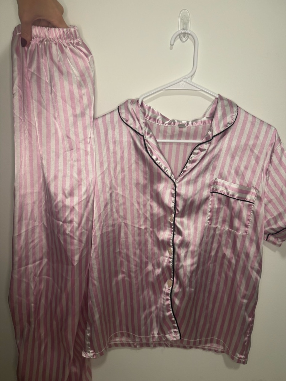 Pink and White Striped Satin Pajama Set with Black Trim